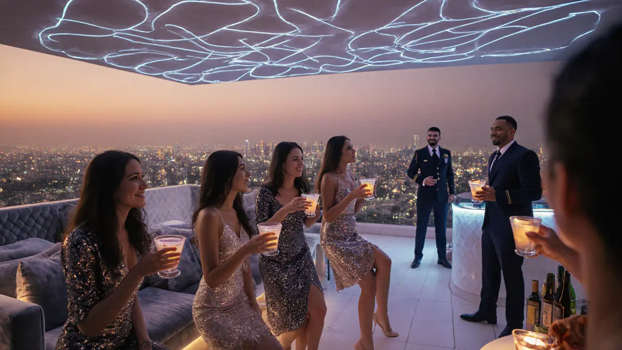 Women in sequined dresses enjoy White Dubai's rooftop ladies' glow night with city views.