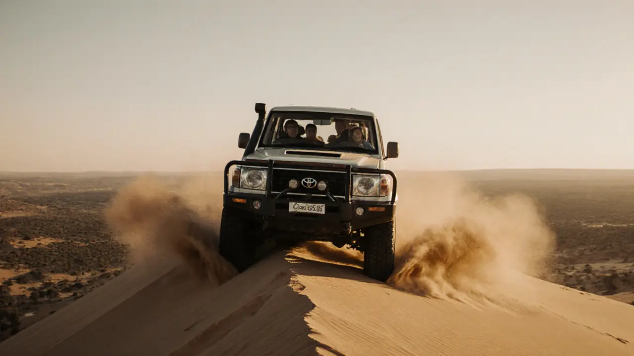 4x4 SUV at the peak of a sand dune during dune bashing, dust flying.