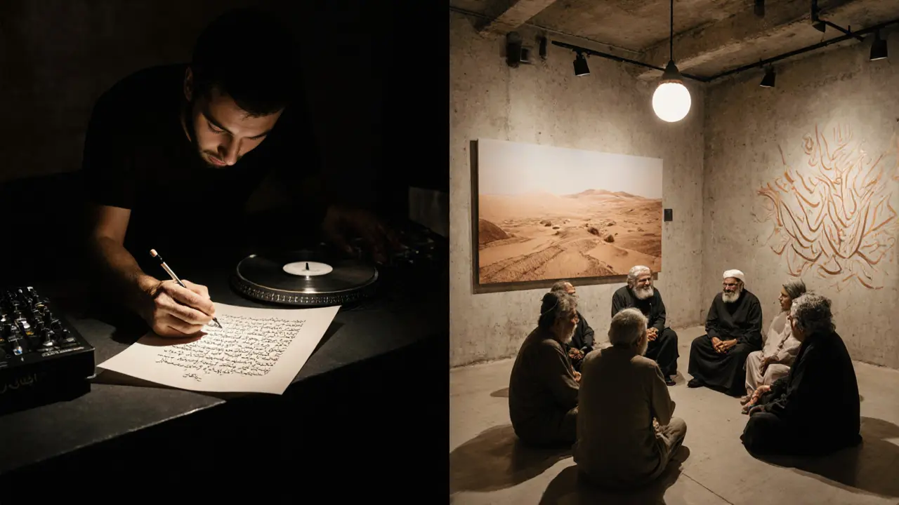 A calligrapher writes Arabic poetry in a modern gallery while musicians play traditional rhythms nearby.