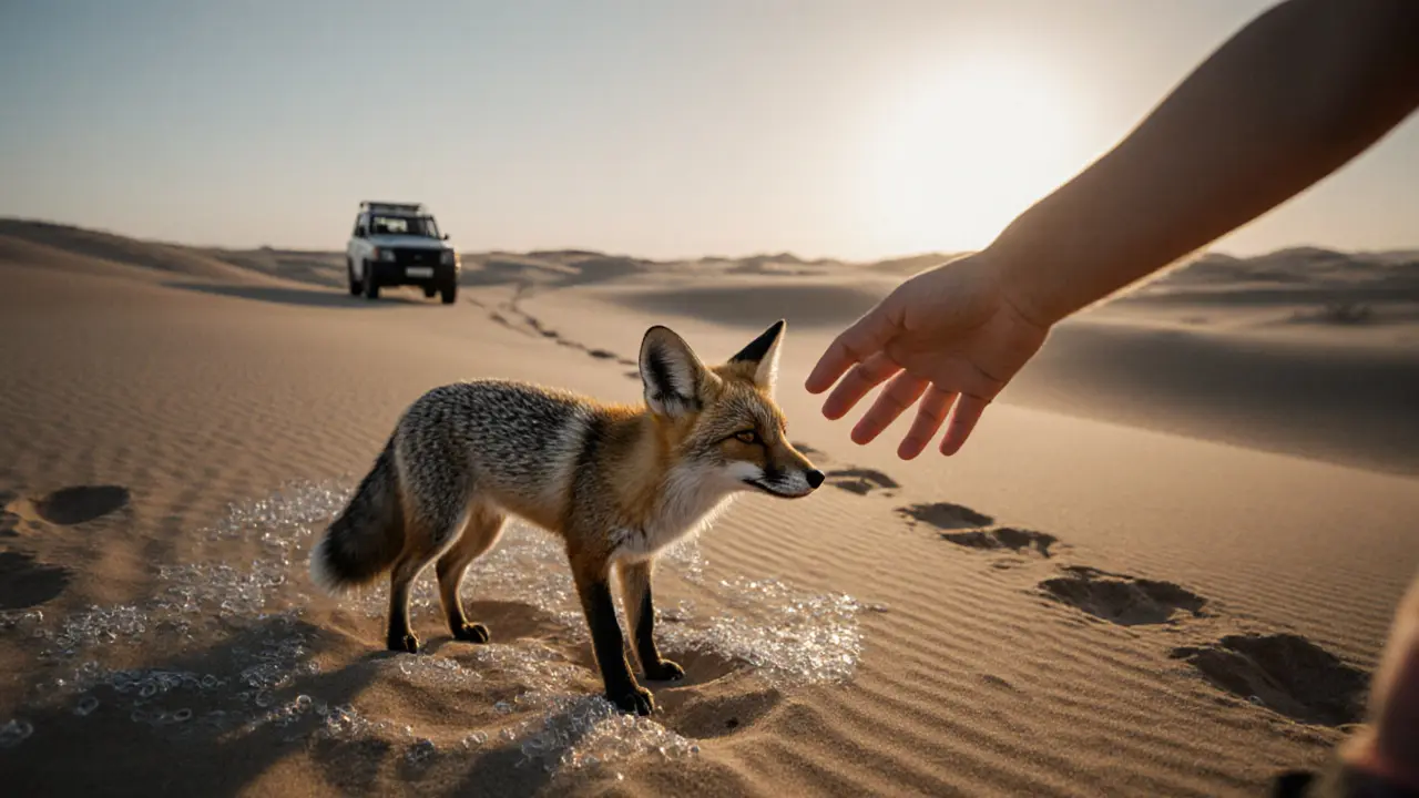 A child’s hand reaching toward a desert fox in morning light, dew on sand, quiet wilderness.
