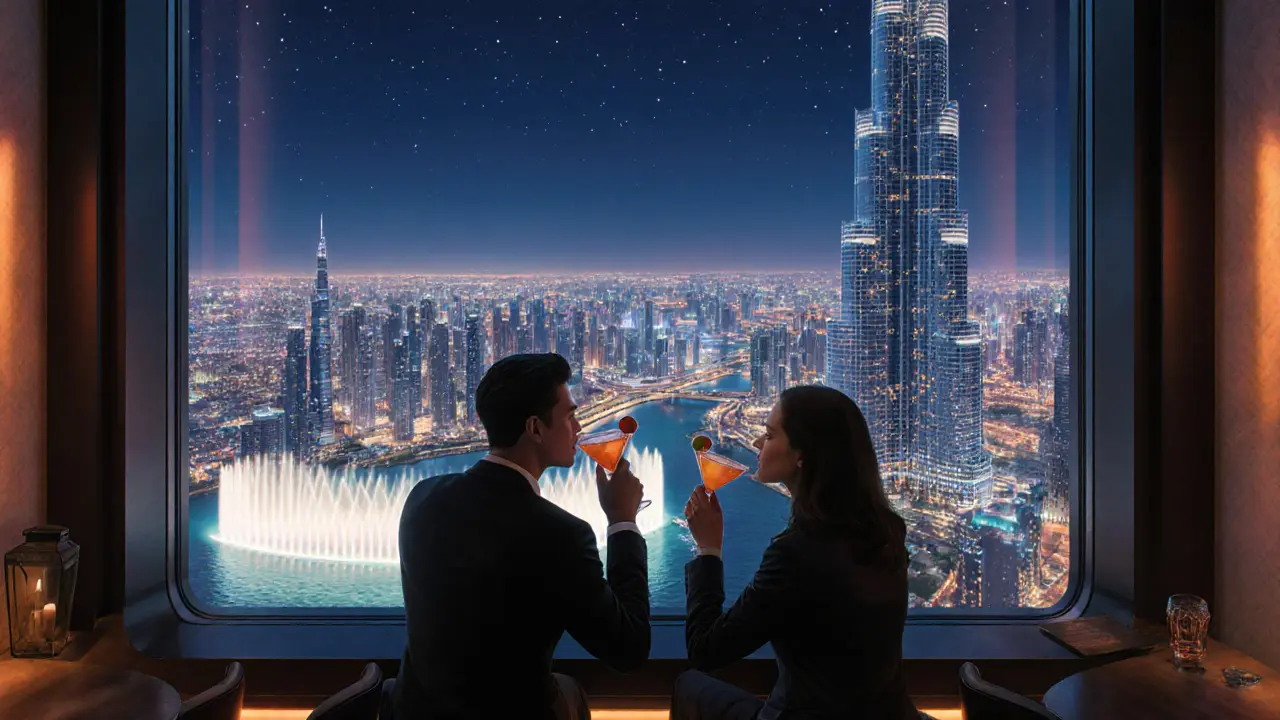 A couple enjoying cocktails on a luxury rooftop bar with the Burj Khalifa and city lights below.