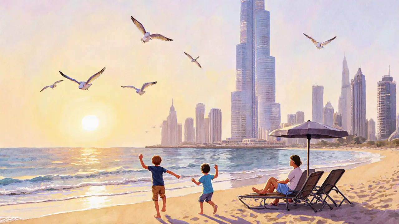 A family walks barefoot on Jumeirah Beach at sunset, watching the Burj Khalifa silhouette against the sky.