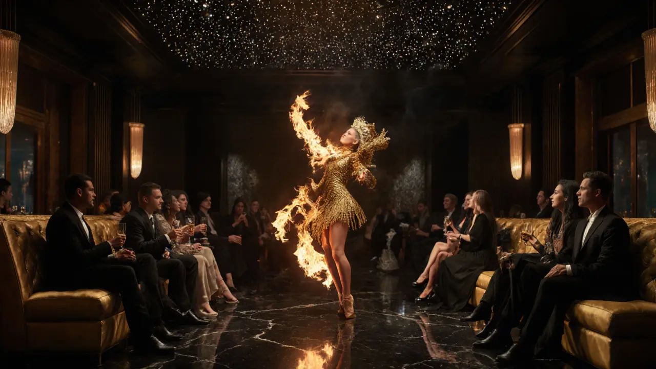 A fire dancer in gold-threaded costume moves gracefully under a starlit ceiling in an exclusive nightclub.