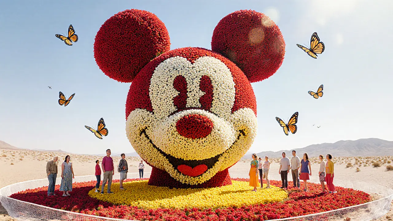 A giant Mickey Mouse sculpture formed from millions of colorful flowers, with visitors taking photos.