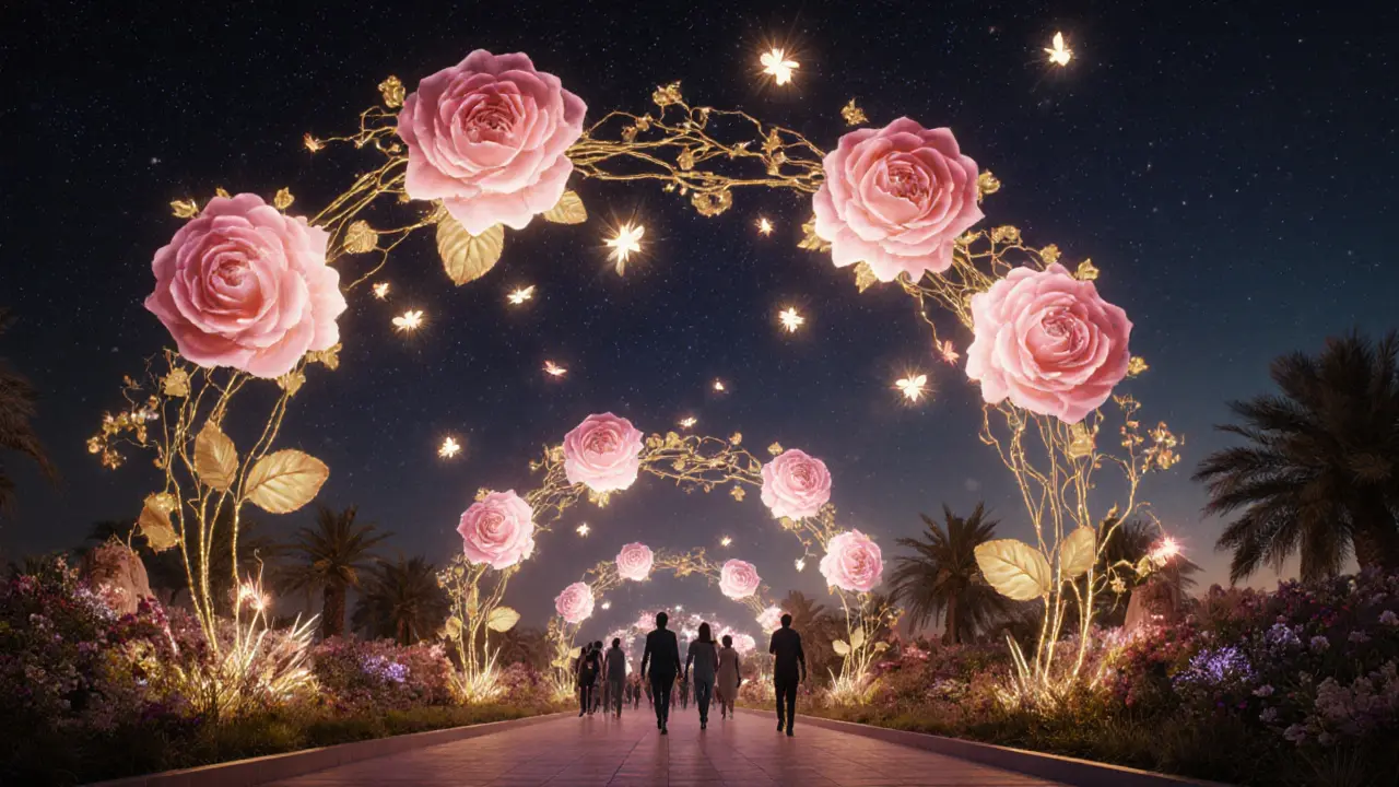 A glowing nighttime garden with illuminated flower arches and floating LED lights in the desert.