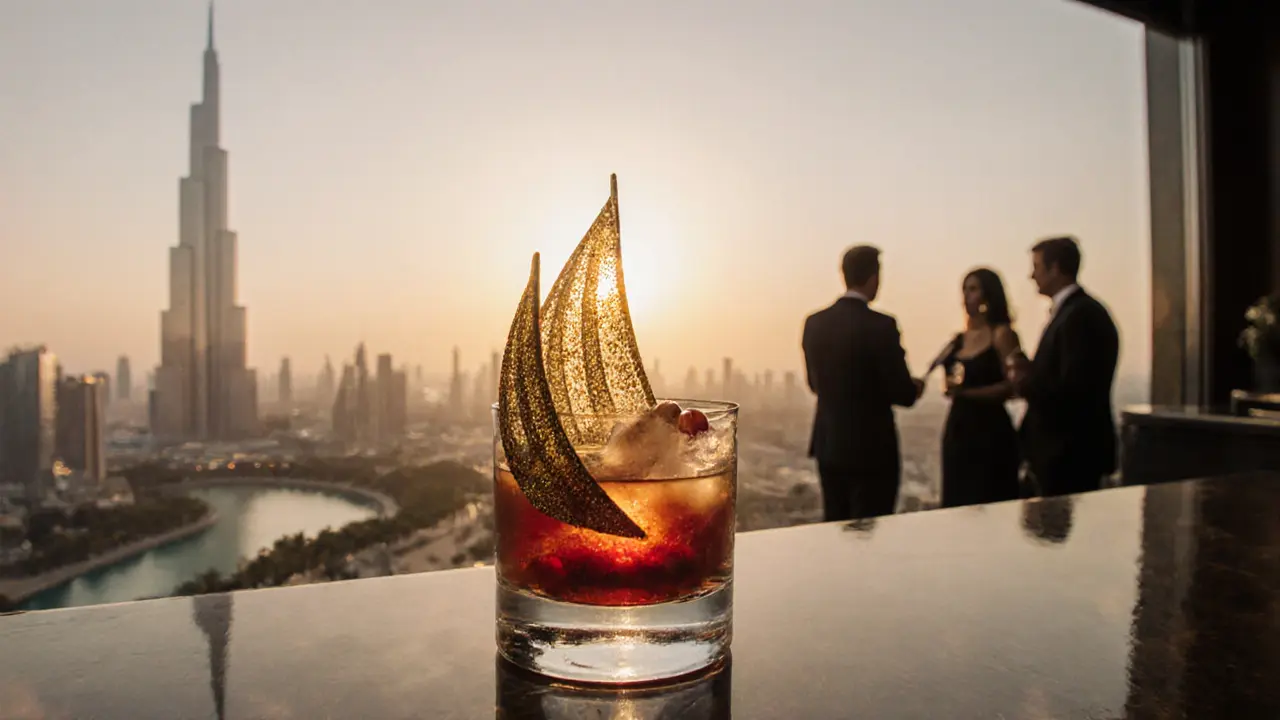 A golden cocktail in a dhow-shaped glass overlooks Dubai&#039;s skyline at sunset with Burj Khalifa glowing in the distance.