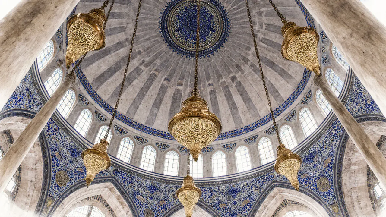 A grand mosque ceiling with brass chandeliers, gypcrete plasterwork, and mosaic mihrab framed by mother-of-pearl and lapis lazuli, bathed in golden light.