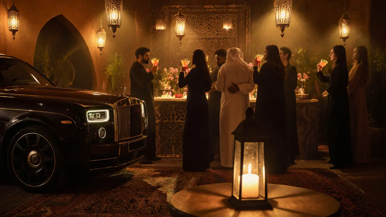 A hidden desert lounge with lanterns, rugs, and guests enjoying cocktails in warm golden light.