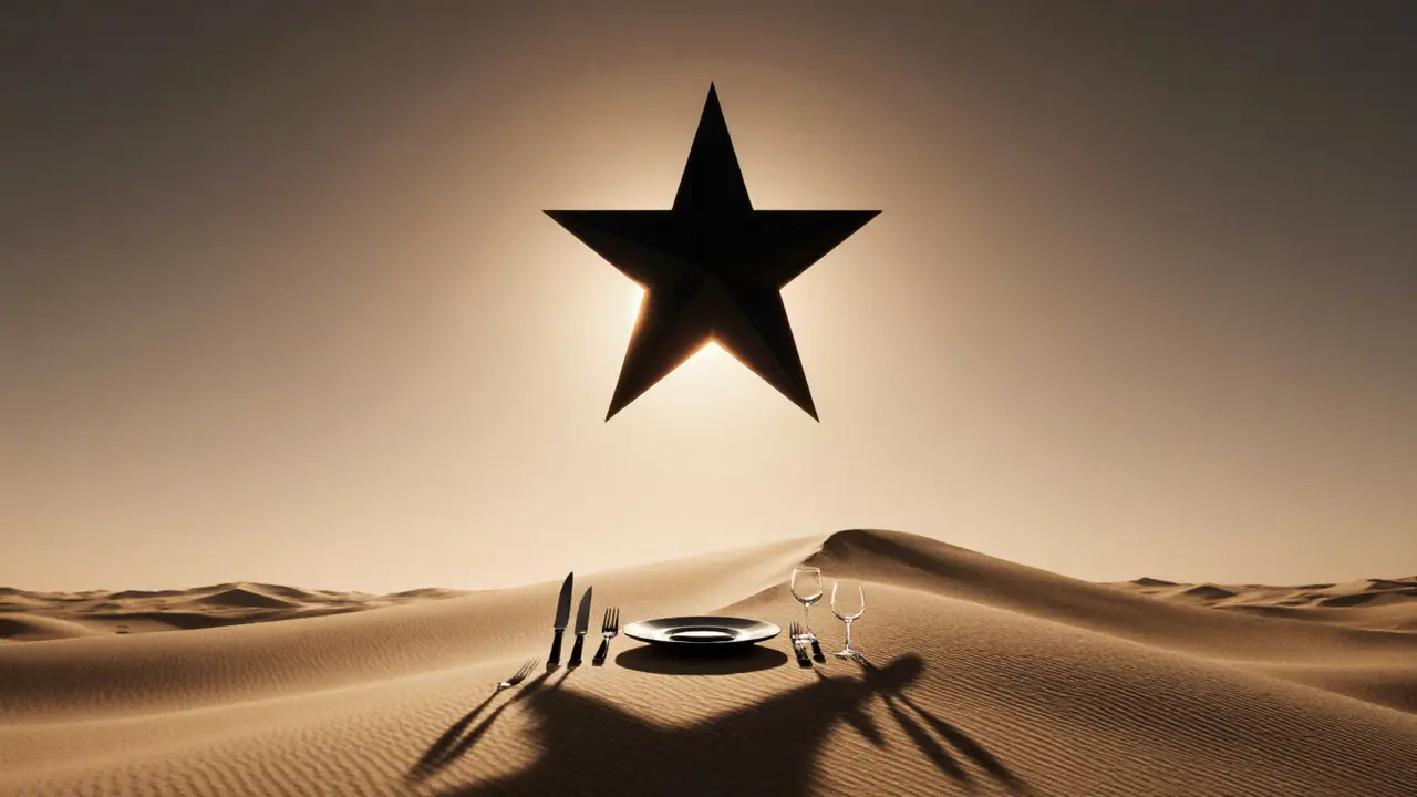 A lone Michelin star hovers above desert dunes at sunrise, symbolizing the rarity of three-star culinary excellence.