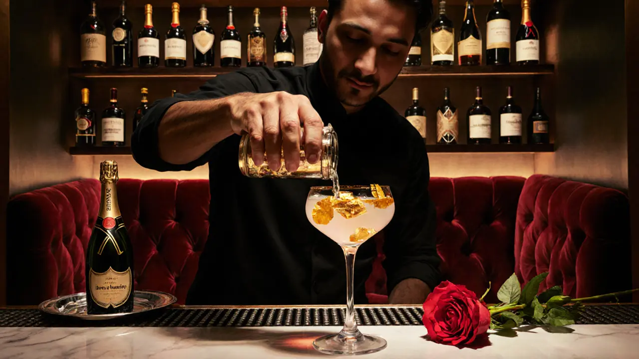 A mixologist pouring a golden cocktail with gold leaf at Cavalli Club&#039;s bar, surrounded by fine wines and a velvet VIP booth with a rose.