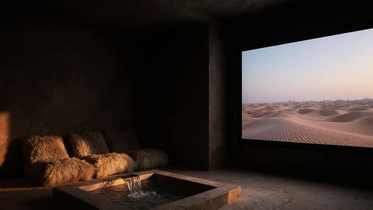 A quiet, dimly lit retreat with water features and camel-hair cushions, offering peace amid luxury.