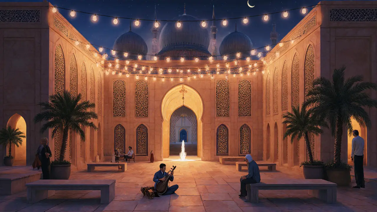 A quiet evening courtyard at Dubai Mall with a musician playing oud under soft string lights.