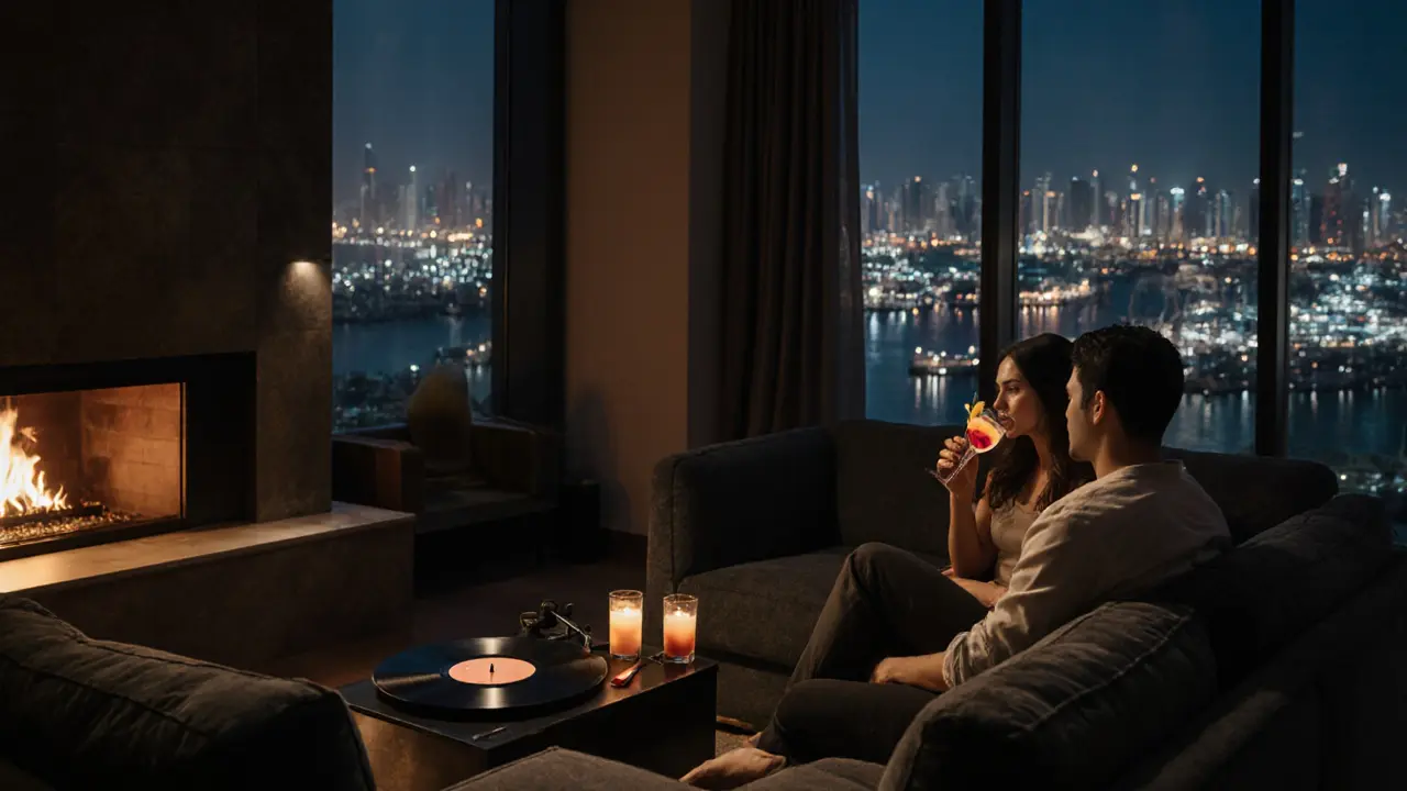 A quiet lounge at 2 AM with a fireplace, vinyl record spinning, and two people enjoying cocktails in silence.