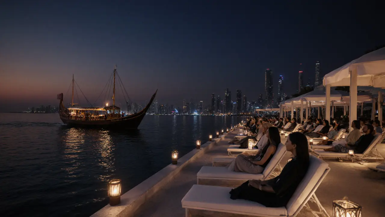 A single flame on water at sunset, dhow boat with lanterns gliding by, beach club in silent awe.