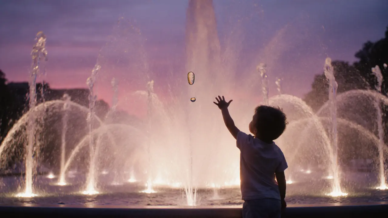A single suspended water droplet glowing in golden light, surrounded by frozen water arcs in heart-shaped patterns during a nighttime show.