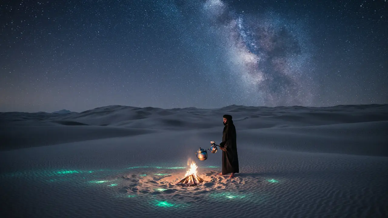 A solitary figure standing on moonlit desert dunes with glowing sand and stars overhead, a small fire casting warm light nearby.