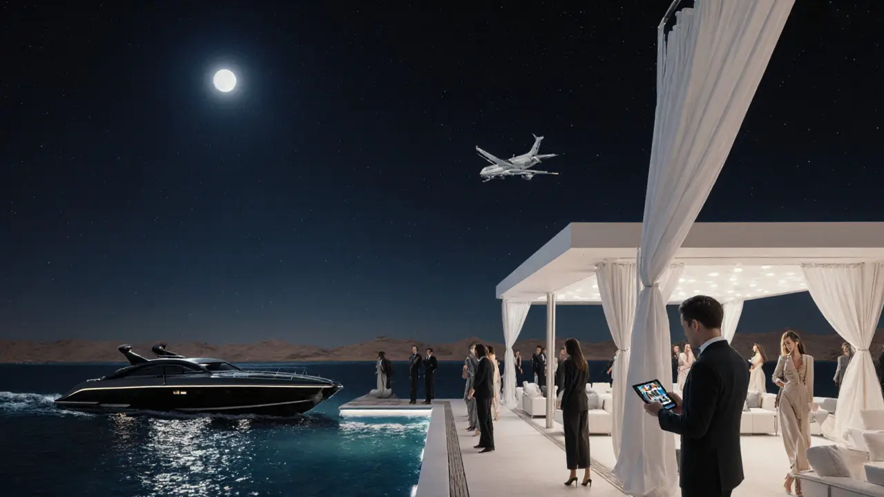 A speedboat arrives at a private beach club at midnight, where elite guests in high fashion step onto a moonlit terrace.