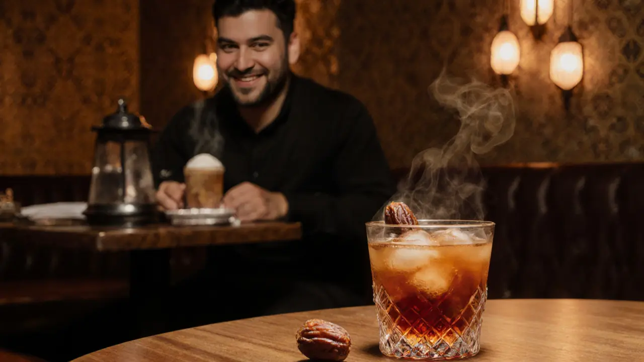 A spiced Arabic coffee cocktail with a date on the rim sits beside traditional decor in a quiet, cultural lounge.