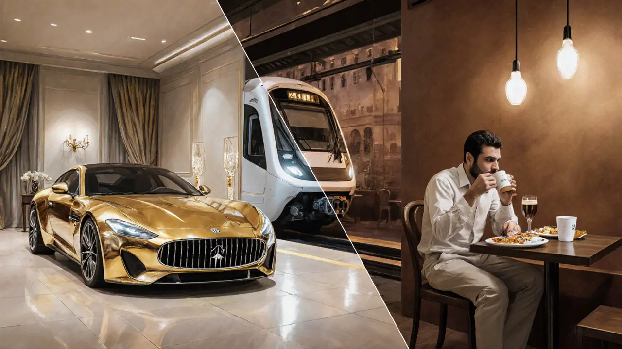 A split-image showing luxury and local life in Dubai, connected by a metro line symbolizing choice and affordability.