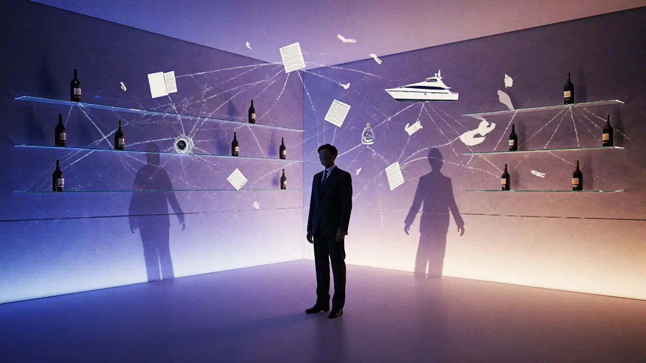 A surreal nightclub interior where ambient light pulses softly around untouched luxury bottles, symbolizing silent influence.