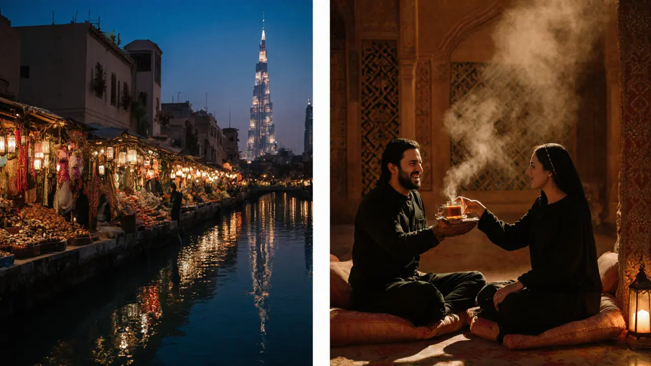 A traditional coffee pour at a canal-side restaurant with lanterns reflecting on water beneath Dubai&#039;s skyline.