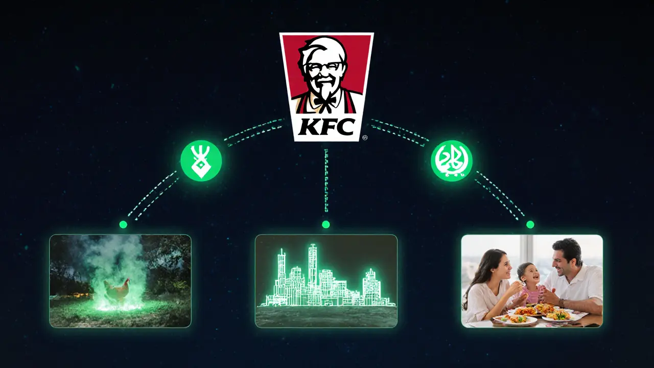 A transparent supply chain illustration showing halal-certified chicken traveling from farm to KFC fryer in Dubai.