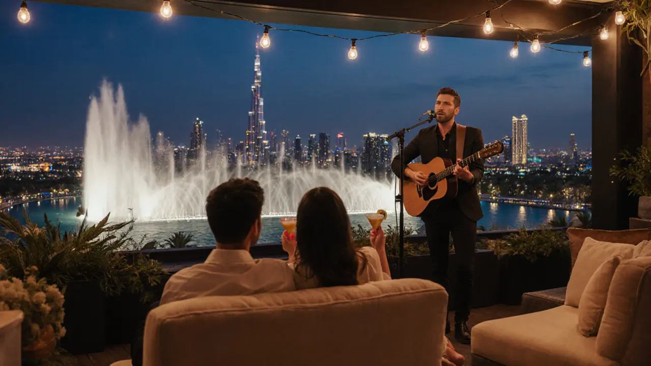 Acoustic singer under string lights at Skyview Bar with Dubai Fountain lighting up the night.