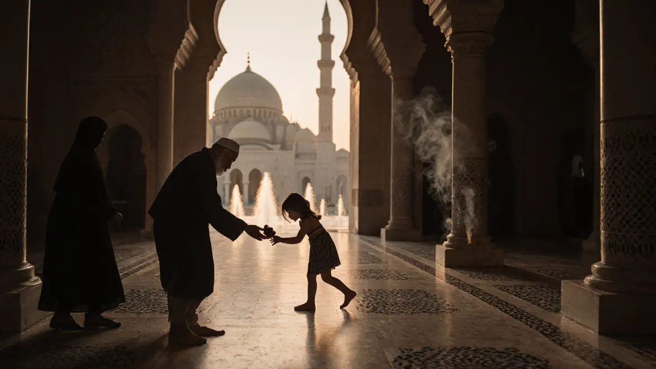 An elderly man offers dates to a visitor near the mosque entrance, bare feet on worn marble, a child touches colorful tiles, soft sunset glow in the background.