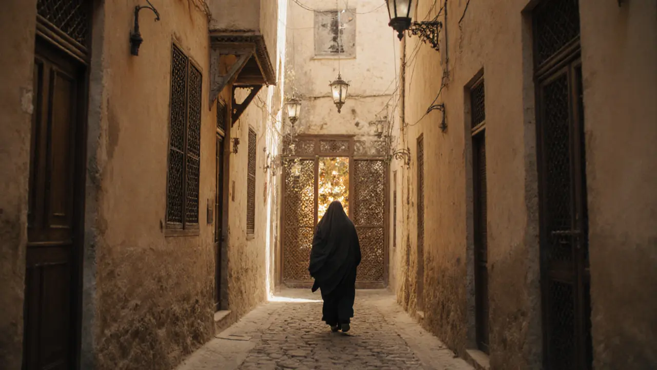 Ancient Al Fahidi neighbourhood with wind towers and lantern-lit alleys in soft morning light.