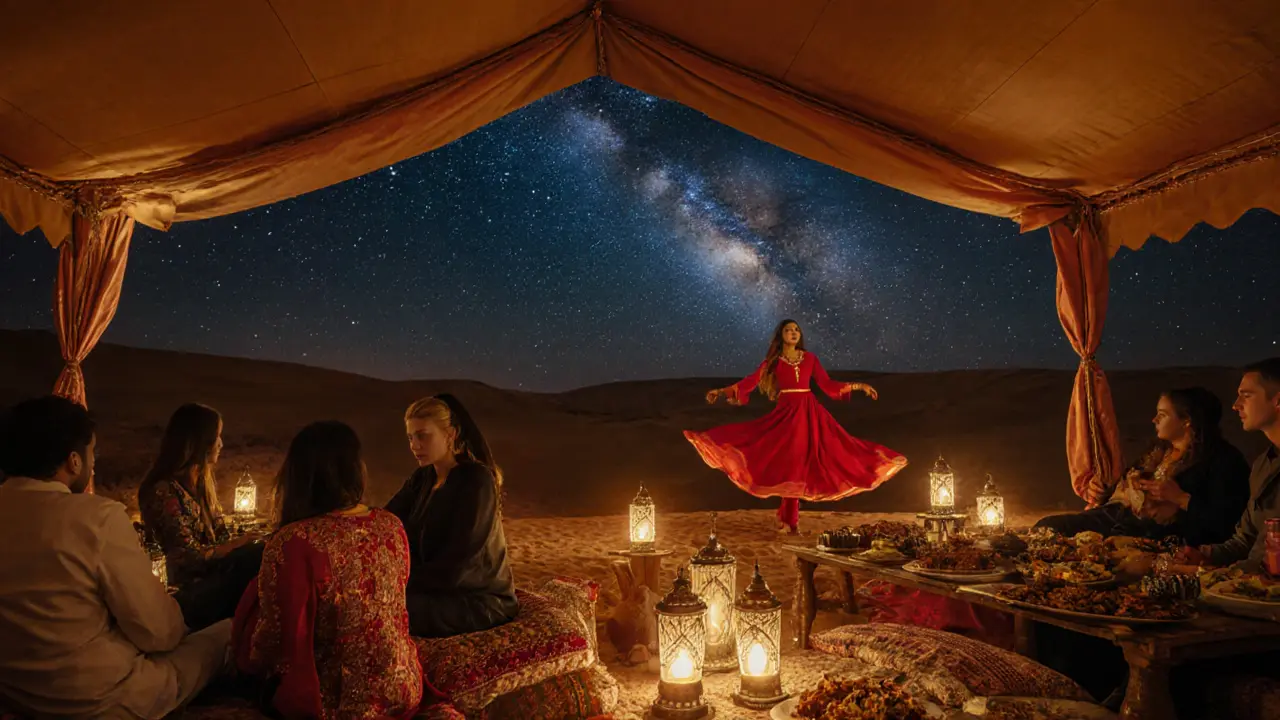 Bedouin camp at night with henna tattoo, dancer, and starry sky.
