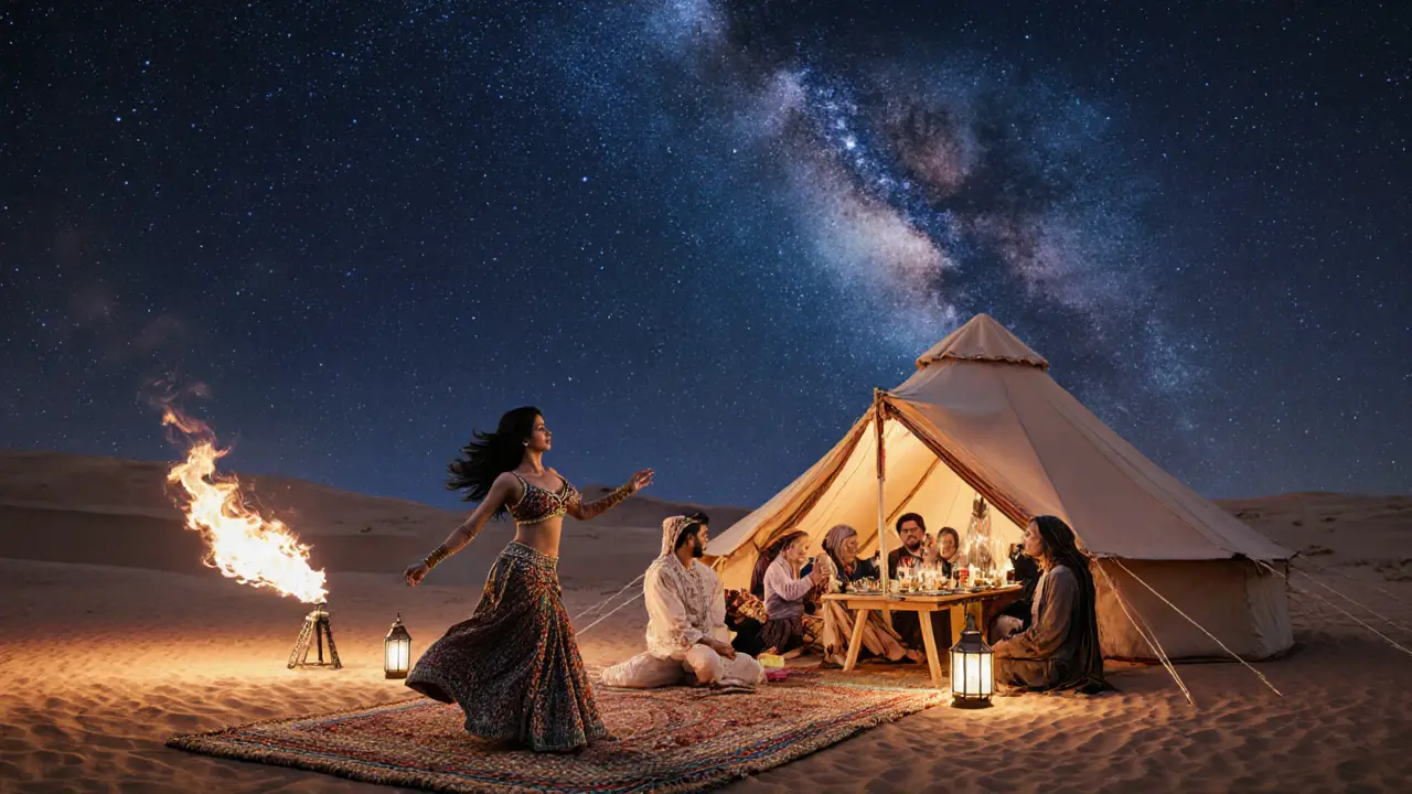 Bedouin camp at night with lanterns, guests dining, belly dancers, and a starry desert sky.
