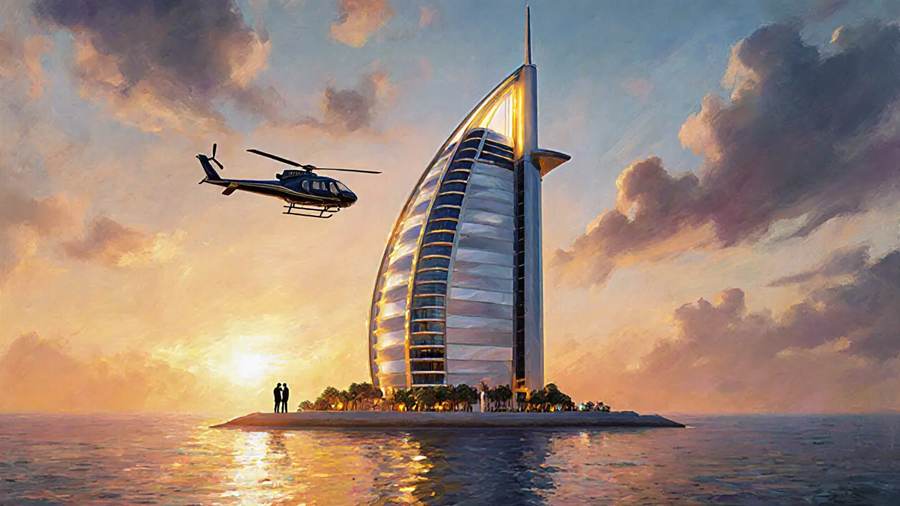 Burj Al Arab at sunset with a helicopter above, glowing against the sky in artistic style.