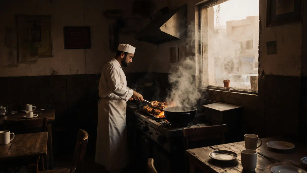 Chef cooking harees in a quiet Emirati kitchen as morning light enters at dawn.