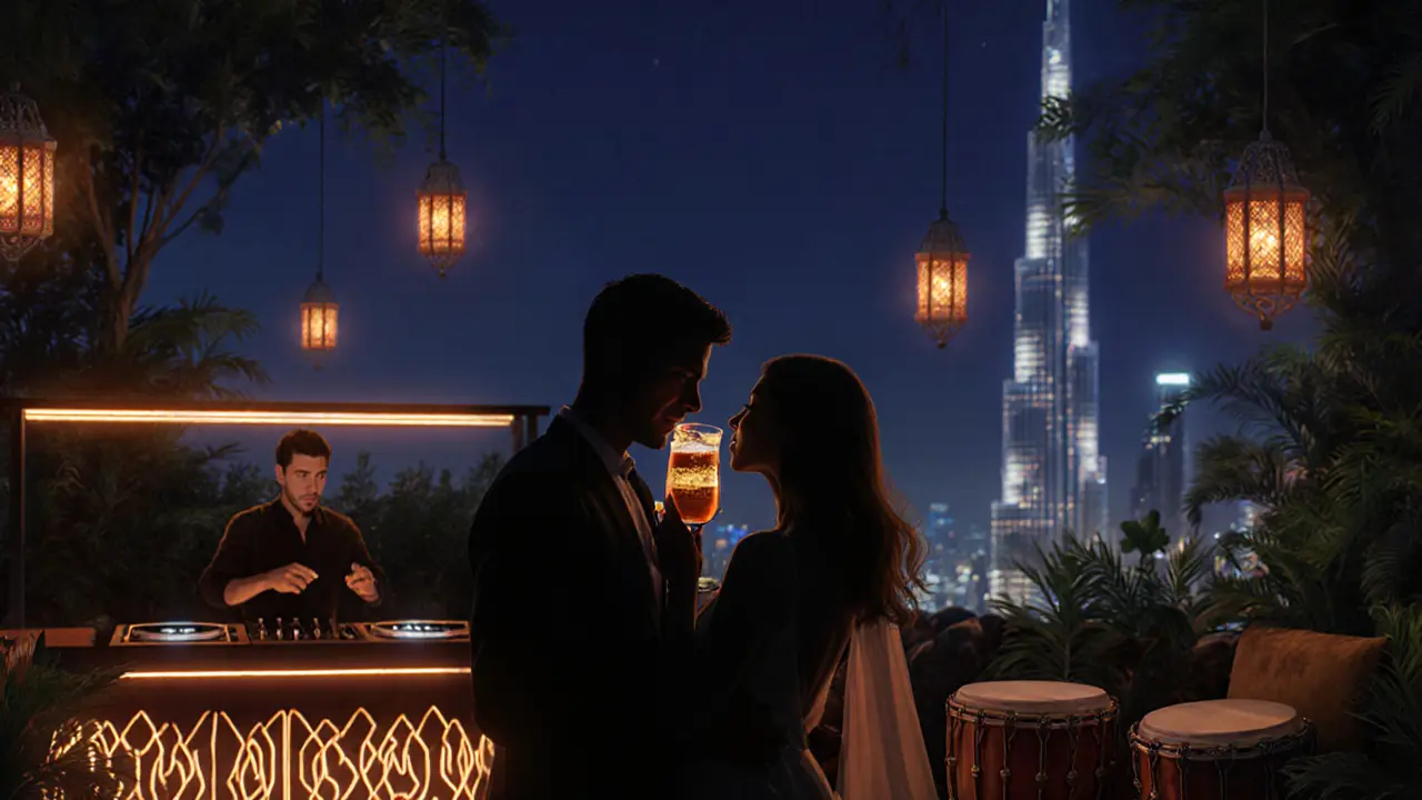 Couples on a rooftop terrace sipping golden cocktails as the Burj Khalifa glows behind them, surrounded by lanterns and greenery.