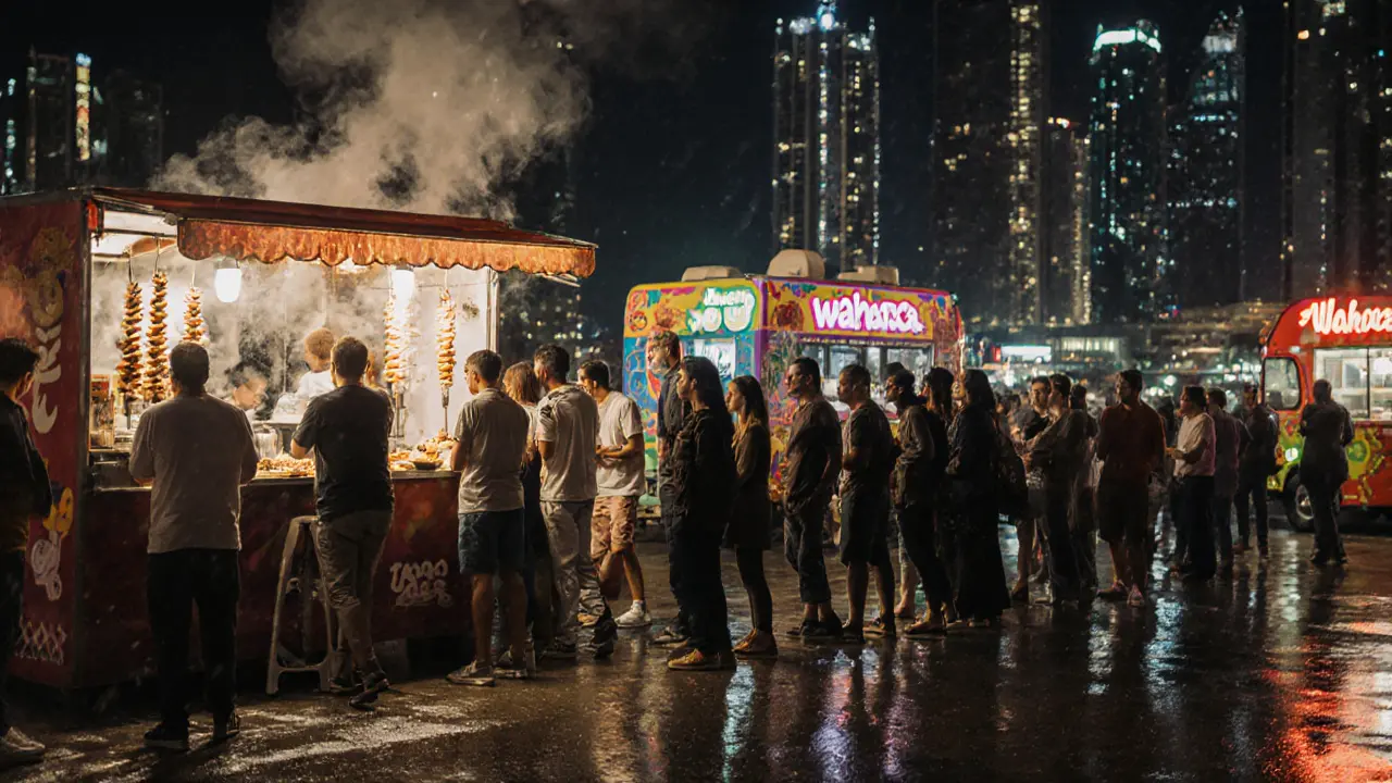 Crowd waiting for shawarma and tacos at a vibrant Dubai Marina late-night food stall.