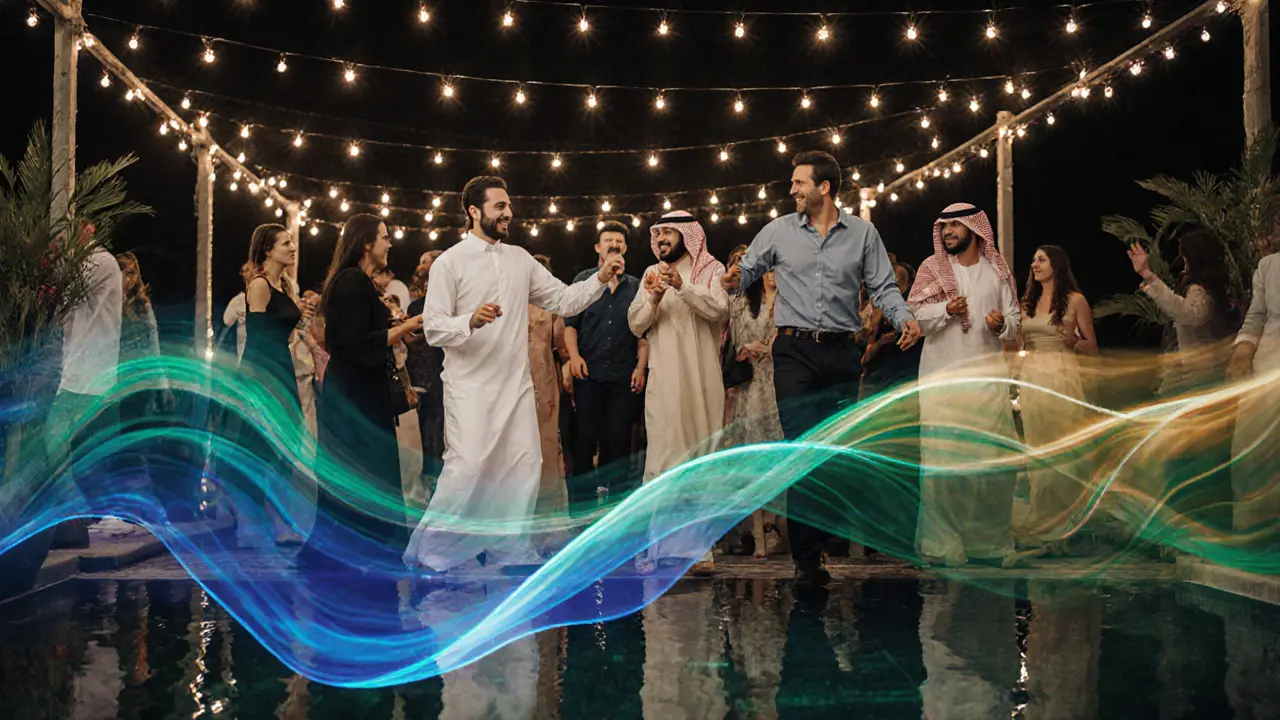 Diverse group of people dancing together under twinkling lights, reflections in water, vibrant music waves flowing through the night air.