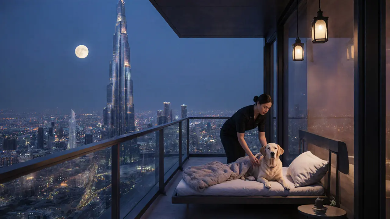 Dog resting on a bed on a high rooftop terrace at twilight, city lights glowing below.