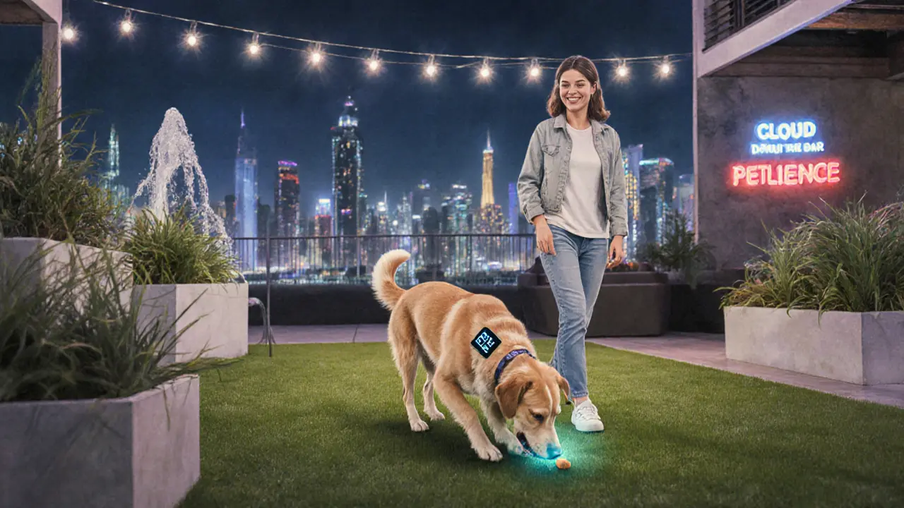 Dog walking on artificial grass in a pet-friendly rooftop zone with fountain and string lights.