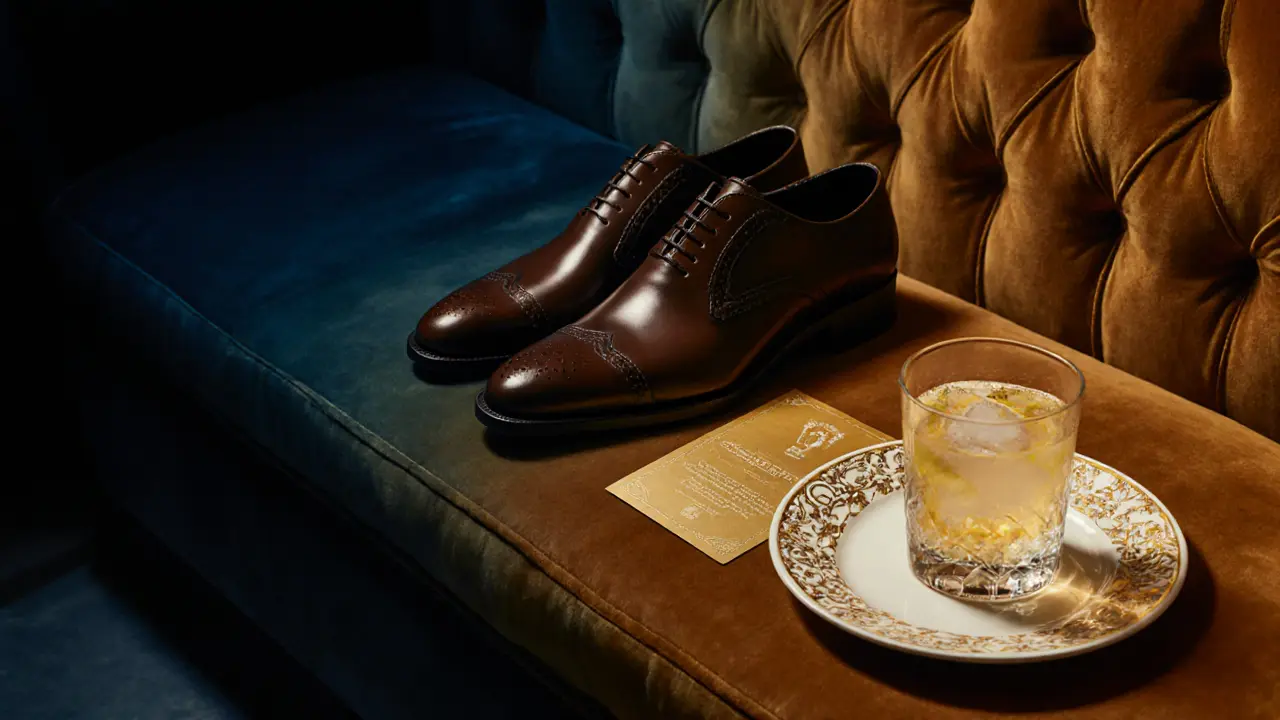 Elegant empty banquette at Cavalli Club with a gin tonic and ceramic plate, conveying quiet luxury.