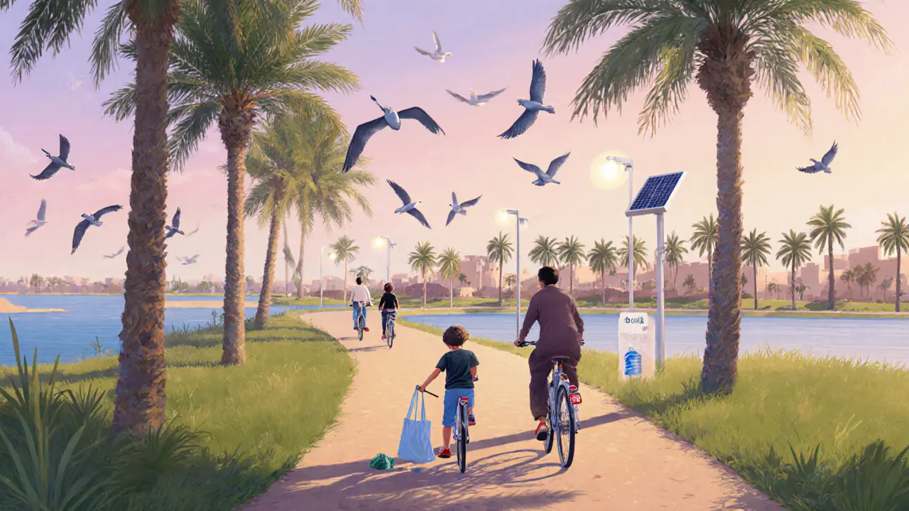 Families bike along peaceful trails at Al Qudra Lakes, surrounded by birds and palm trees, using reusable items and picking up litter.