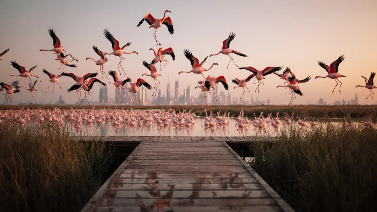 Flamingos taking flight at dusk over Ras Al Khor wetland, boardwalk reflecting sky.