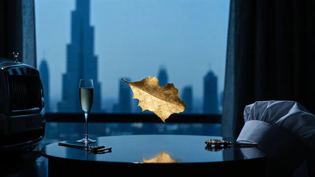 Floating gold leaf above a dark table surrounded by symbols of luxury and extravagance.