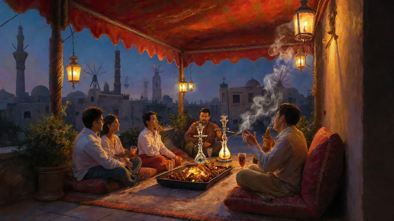 Friends relaxing with shisha and traditional food under lanterns in a historic Dubai courtyard.