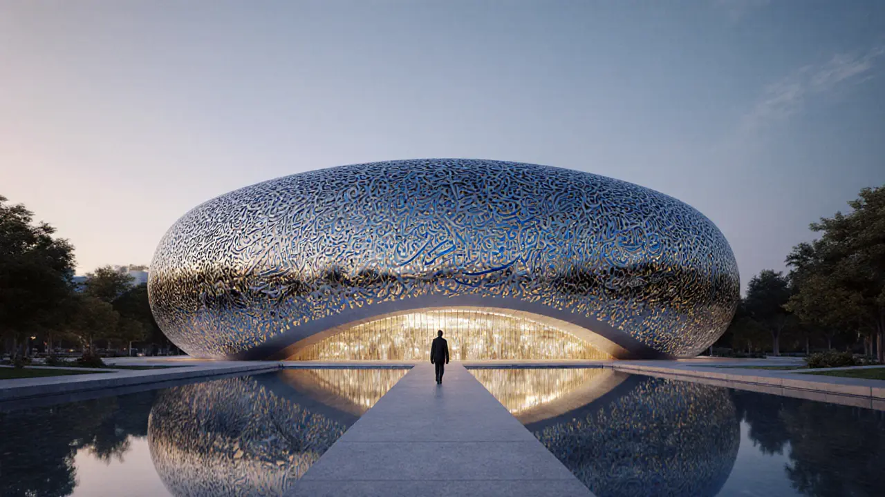 Futuristic Museum of the Future with Arabic calligraphy-covered surface glowing under twilight sky.