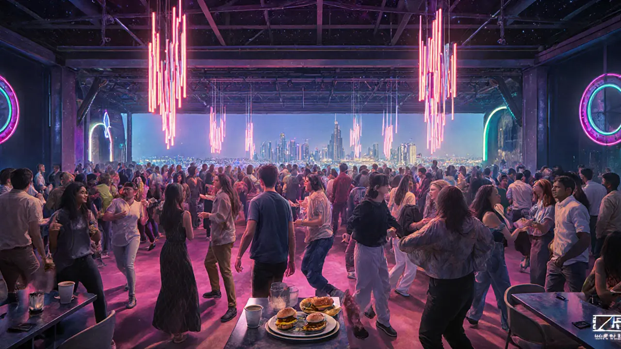 Futuristic nightclub with retractable roof and pulsing lights, diverse crowd dancing under starry skies.