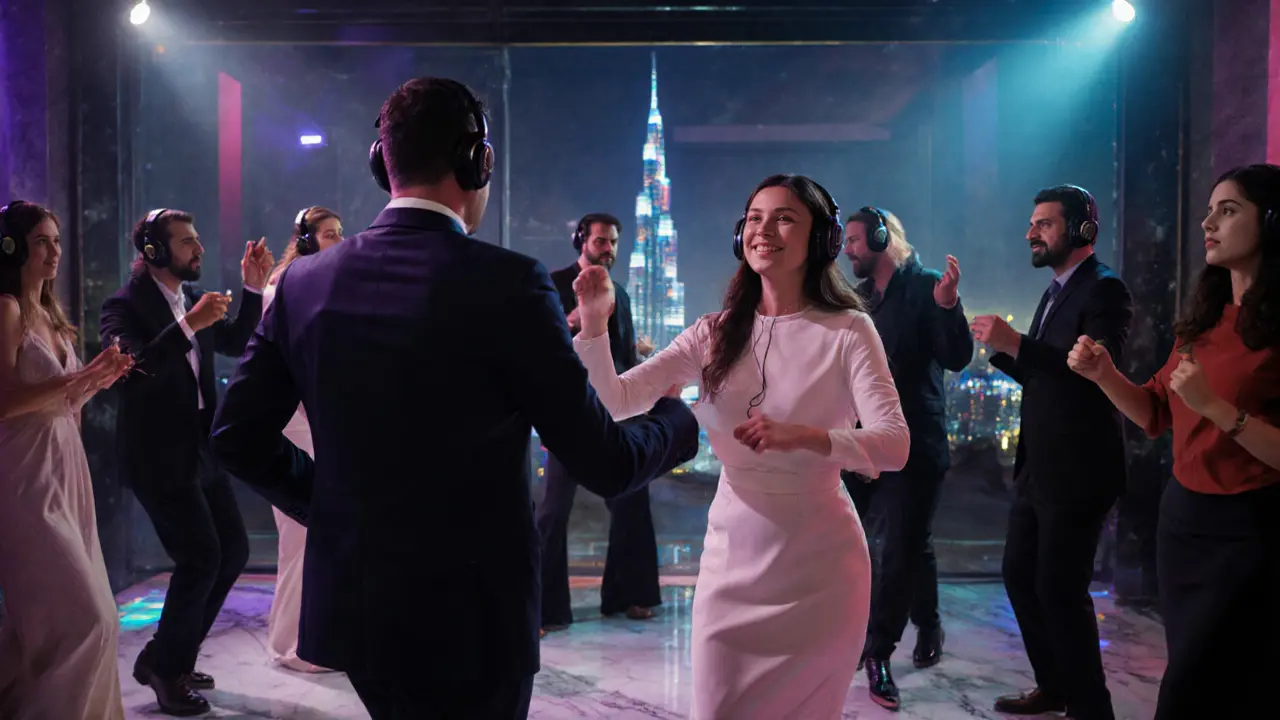 Guests at Cavalli Club&#039;s silent disco night wearing headphones, dancing quietly under soft colored lights with the Burj Khalifa in the background.