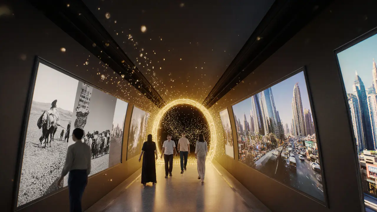 Immersive museum tunnel showing Dubai’s transformation from past to present with glowing transitional visuals.