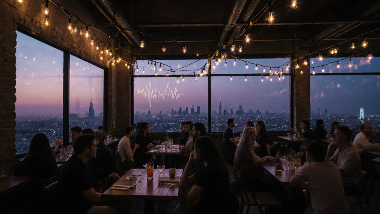 Industrial rooftop at Alserkal Avenue with string lights and skyline view, patrons relaxing in calm twilight.