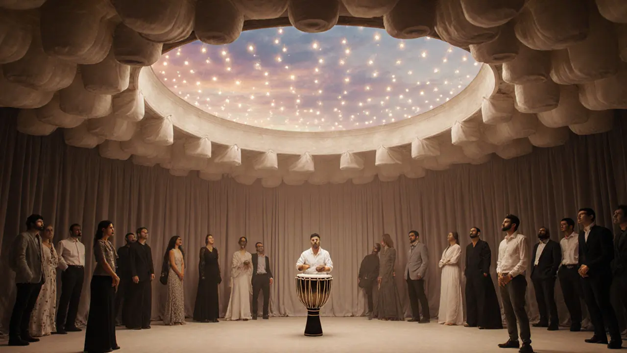 Inside the club, guests listen quietly as a darbuka player performs under shifting LED lights above.