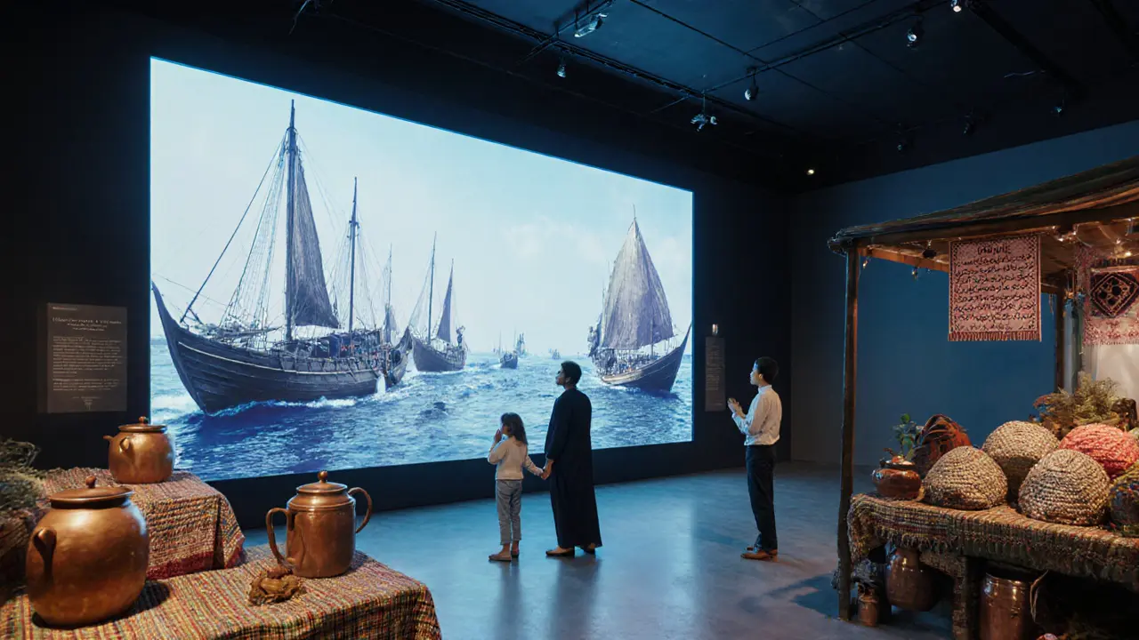 Inside the Dubai Frame museum, a family watches holograms of traditional dhow boats and historical scenes.